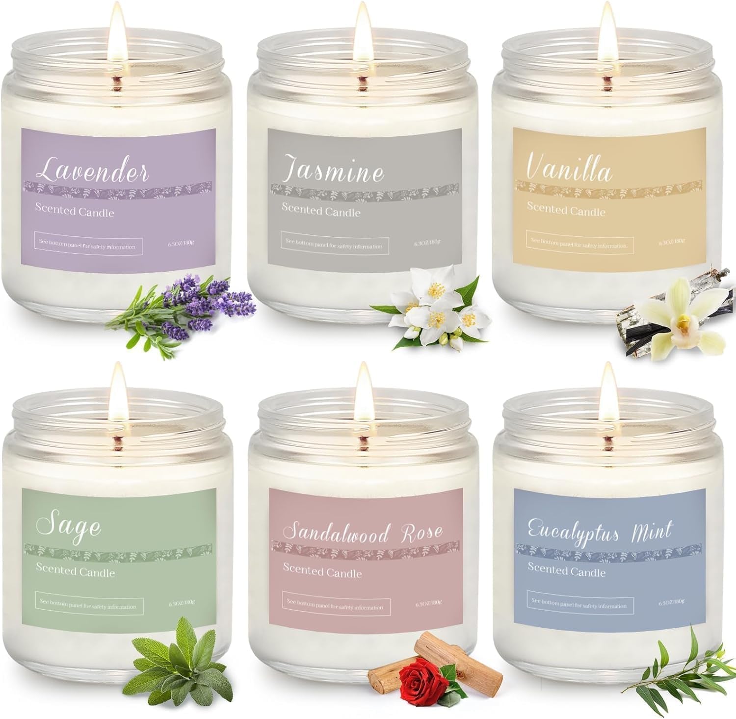 6 Pack Scented Candles Gift Set, Long Lasting Aromatherapy Candles for Home, 37.8 Oz 300 Hour Burn, Lavender Jasmine Vanilla Sage Sandalwood Rose Eucalyptus Mint, Gifts for Women